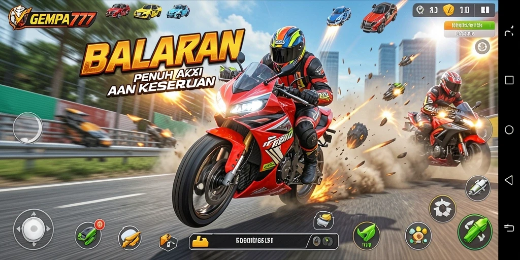 Screenshot utama GEMPA777 menampilkan aksi balapan motor yang mendebarkan.
