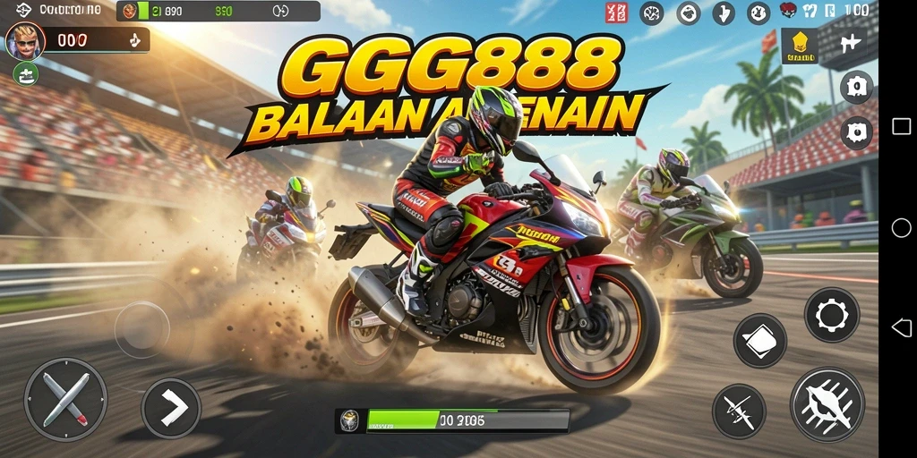 Gameplay mendebarkan GGG888 dengan balapan motor di trek yang beragam.
