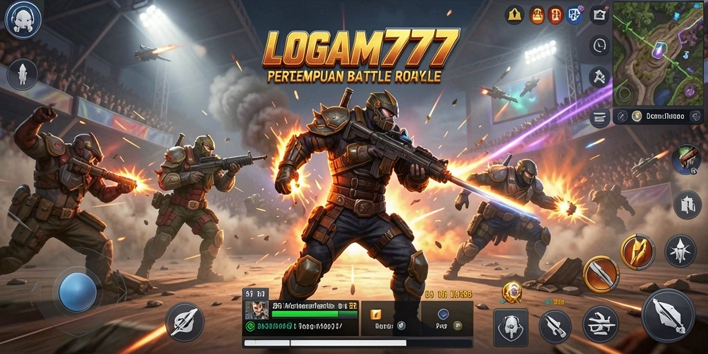 Screenshot permainan LOGAM777 menampilkan pertempuran intens di arena Battle Royale.
