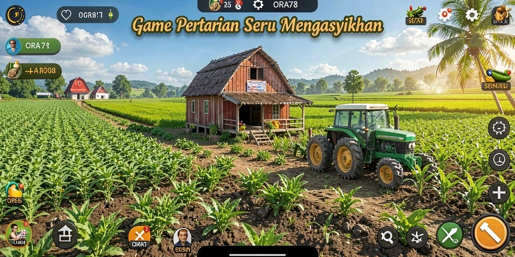 Tampilan gameplay <strong>ORA78</strong> yang menampilkan kebun yang subur dan interaksi pertanian.