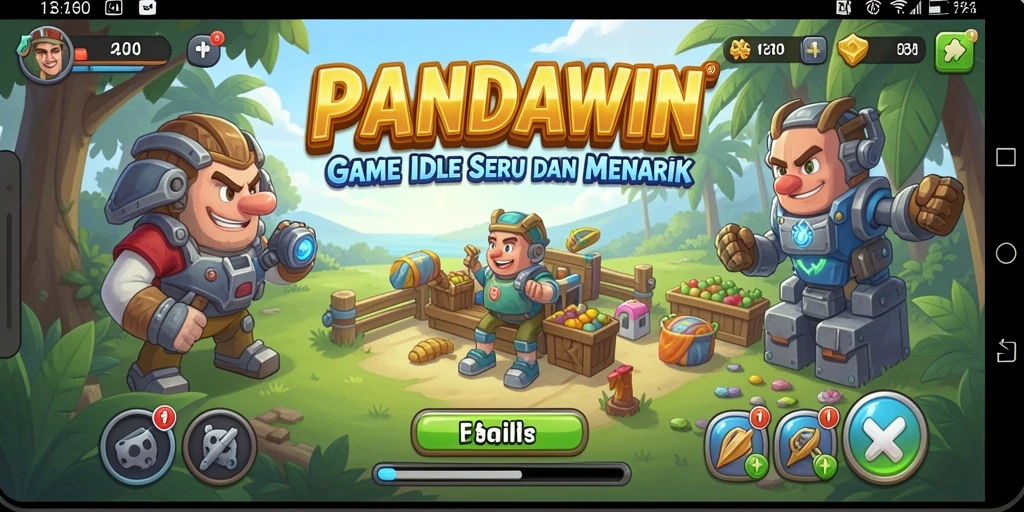 Tampilan gameplay PANDAWIN dengan karakter yang mengumpulkan sumber daya.