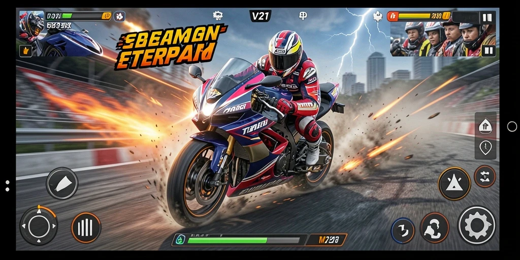Tampilan gameplay seru dari balapan motor yang mengesankan.